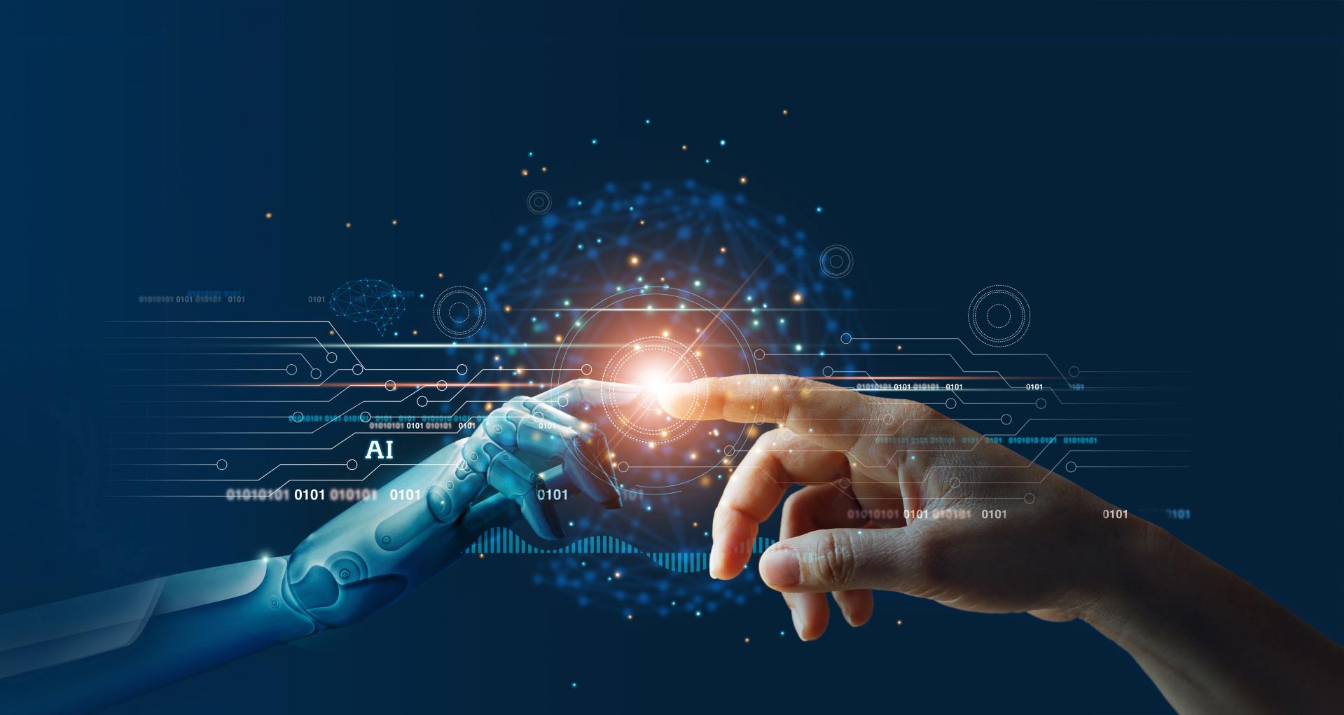 AI robot and human hands meeting